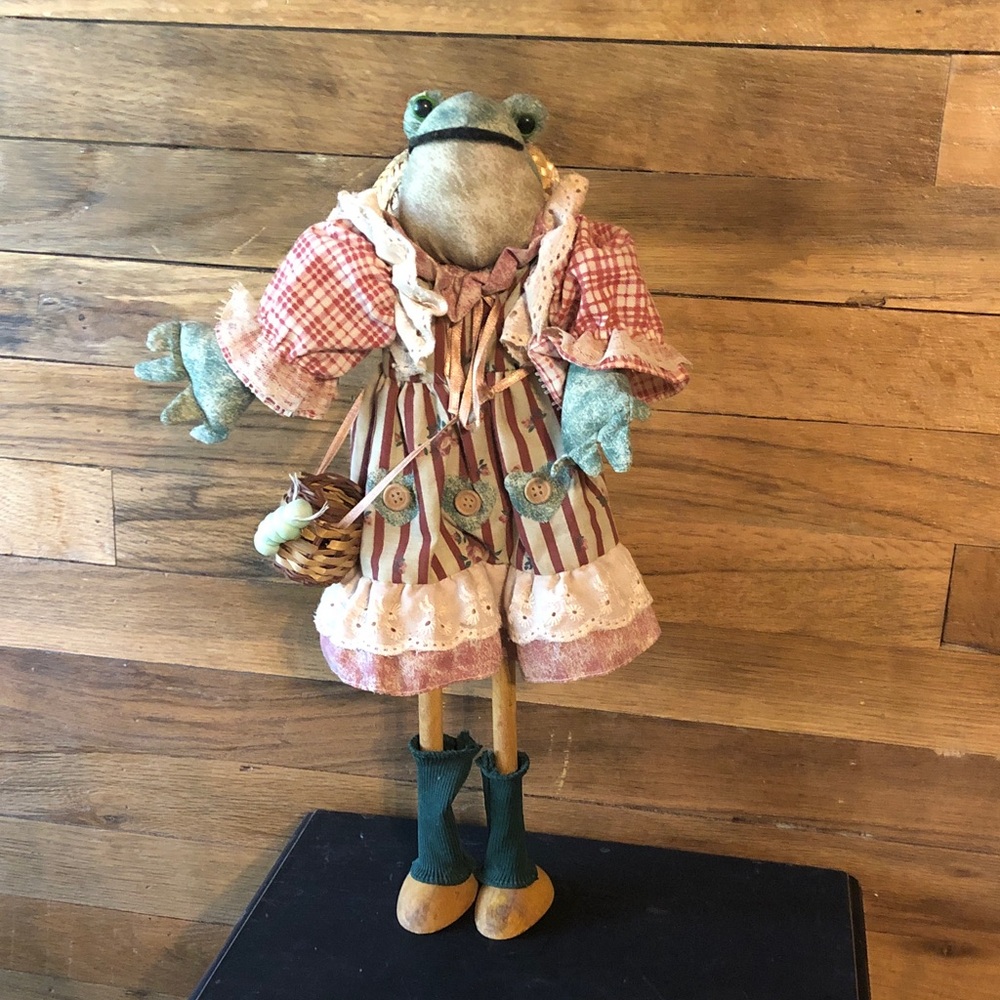 Vintage CBK Ltd Green Frog Doll in Pink & Cream Striped Outfit.